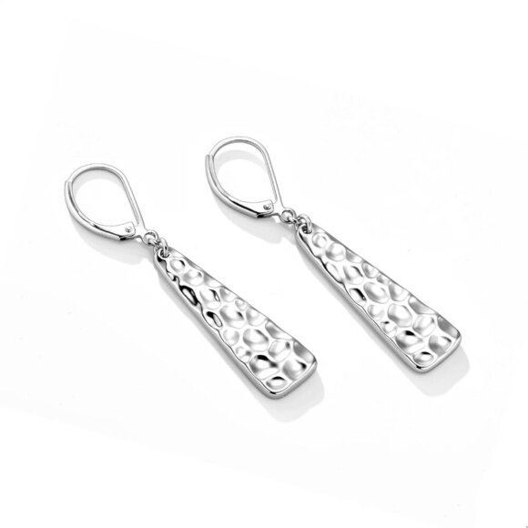 925 Sterling Silver French  Hammer Square Bar Long Drop Leverback Earring - Picture 4 of 7
